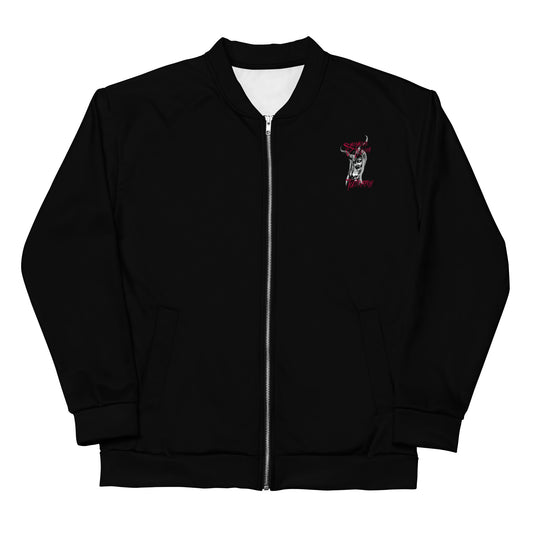 image of front of bomber jacket showing logo on left lapel